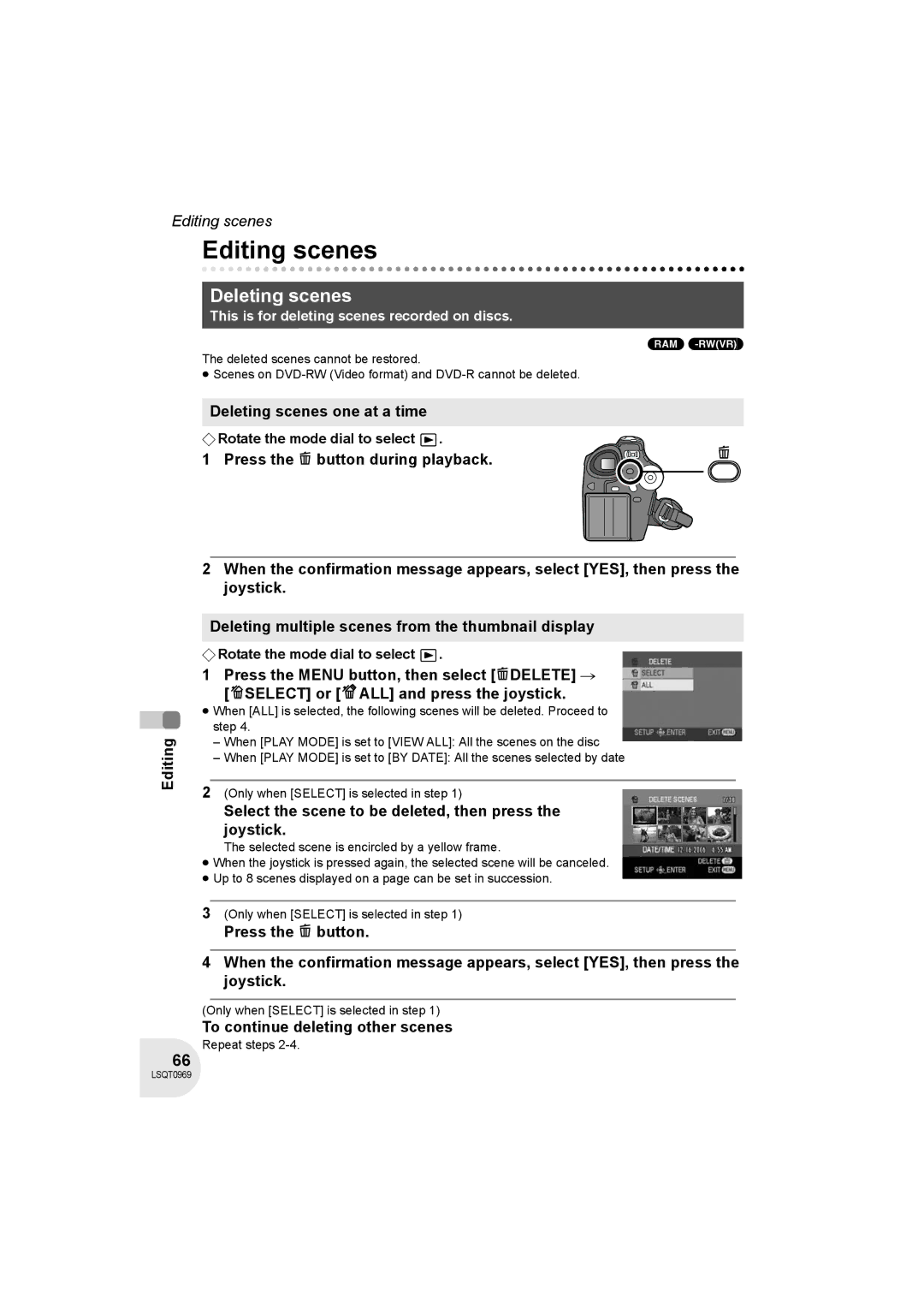 Panasonic VDR-D100 Editing scenes, Editing Deleting scenes one at a time, To continue deleting other scenes 