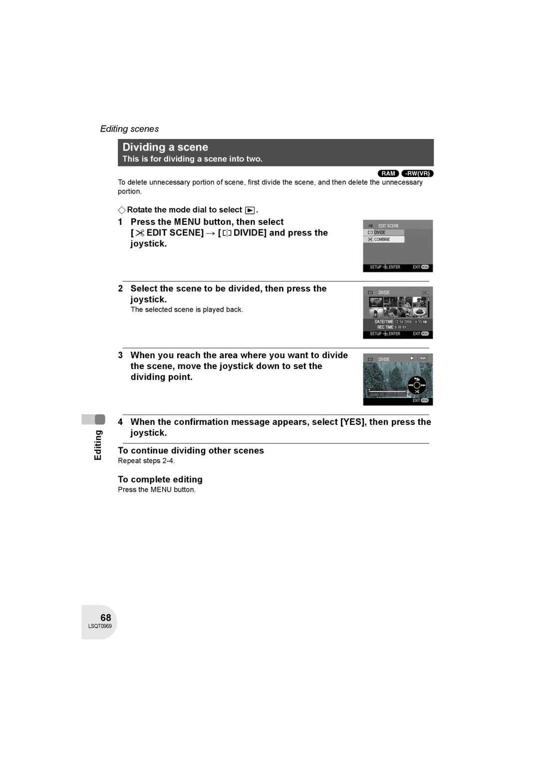 Panasonic VDR-D100 operating instructions Dividing a scene, Selected scene is played back 