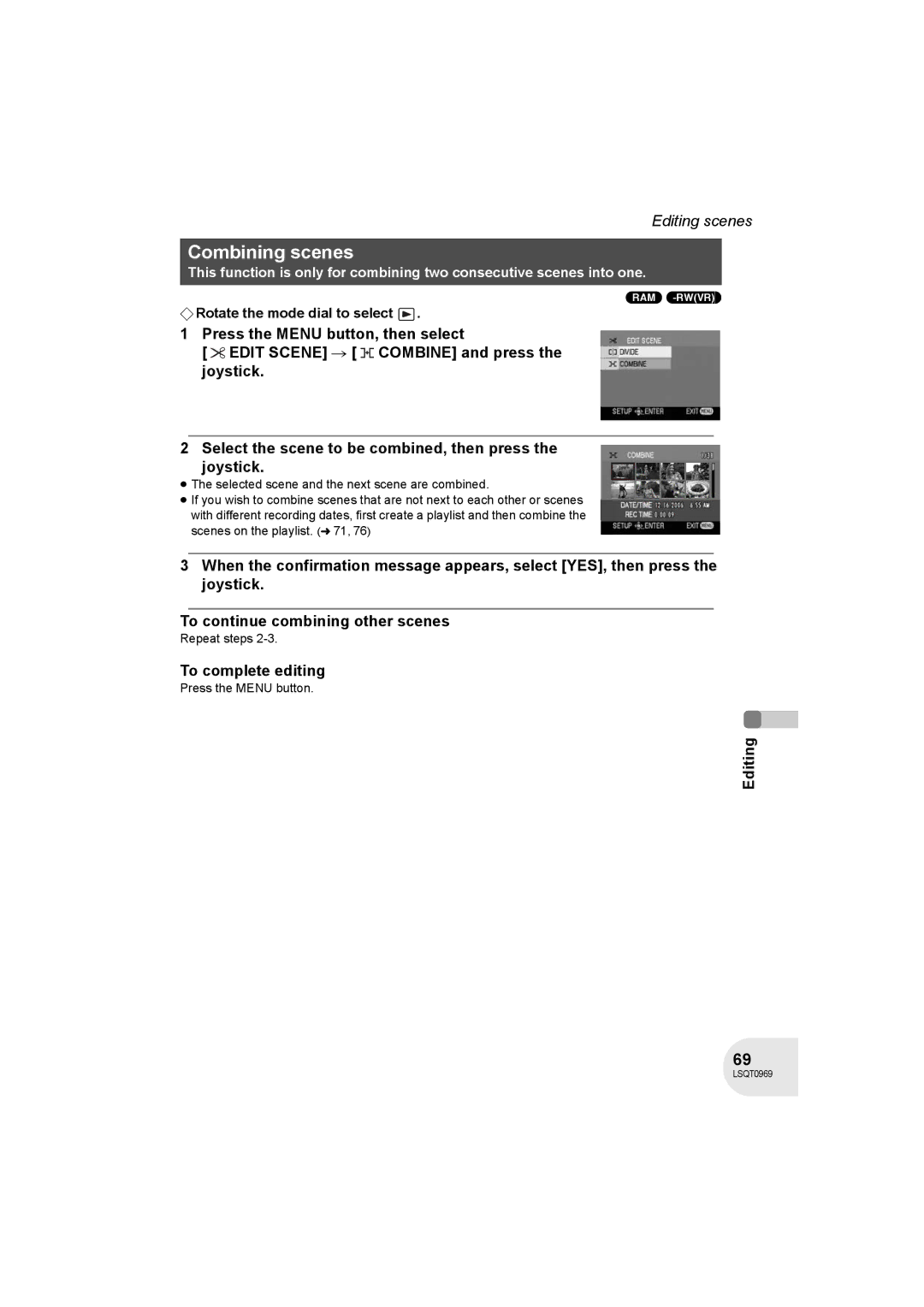 Panasonic VDR-D100 operating instructions Combining scenes, Ram -Rw‹Vr› 