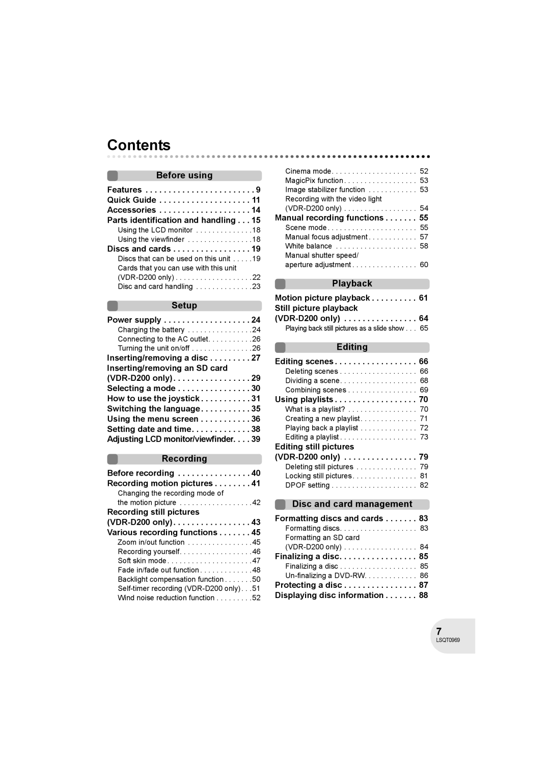 Panasonic VDR-D100 operating instructions Contents 