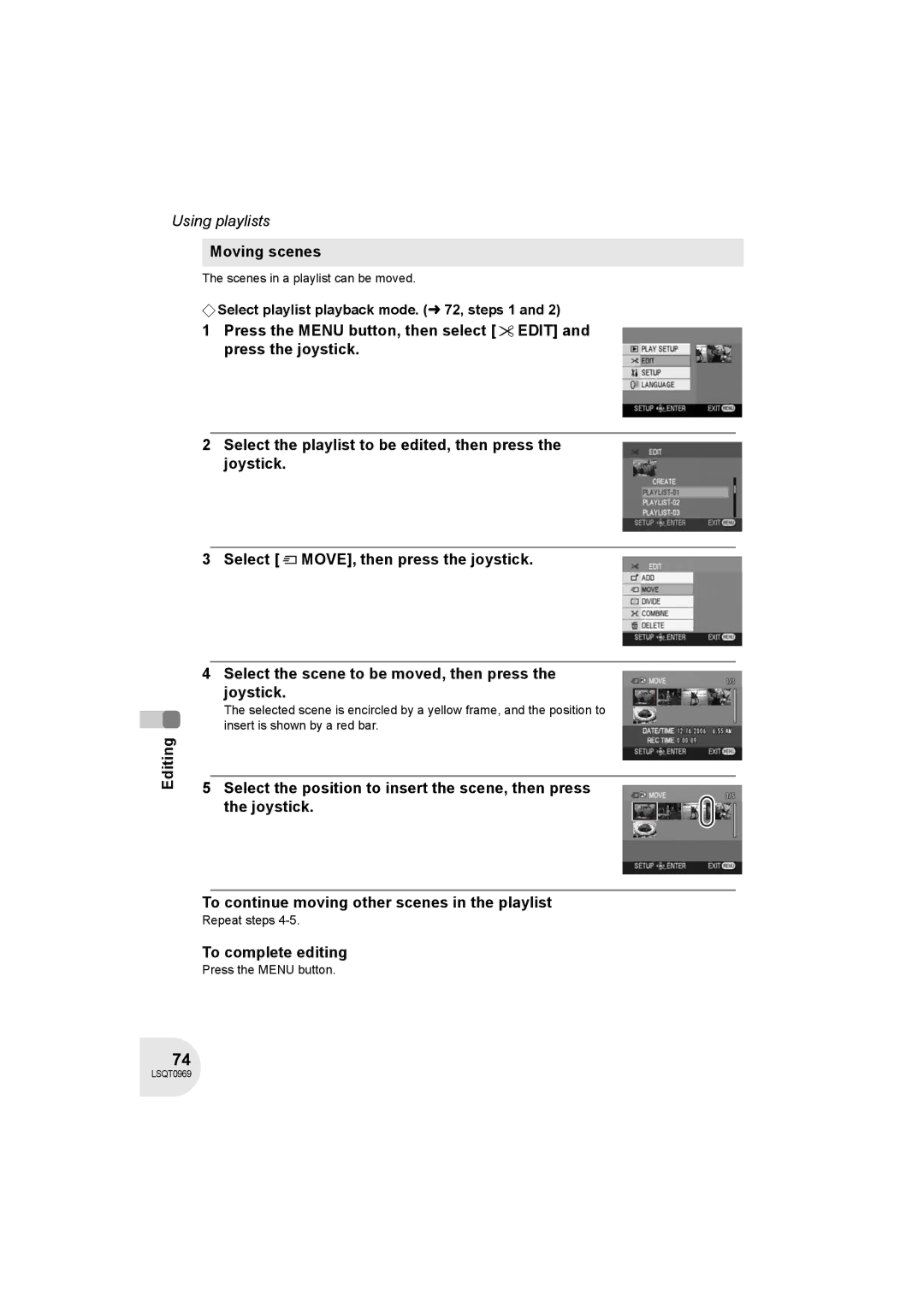 Panasonic VDR-D100 operating instructions Moving scenes, Scenes in a playlist can be moved 