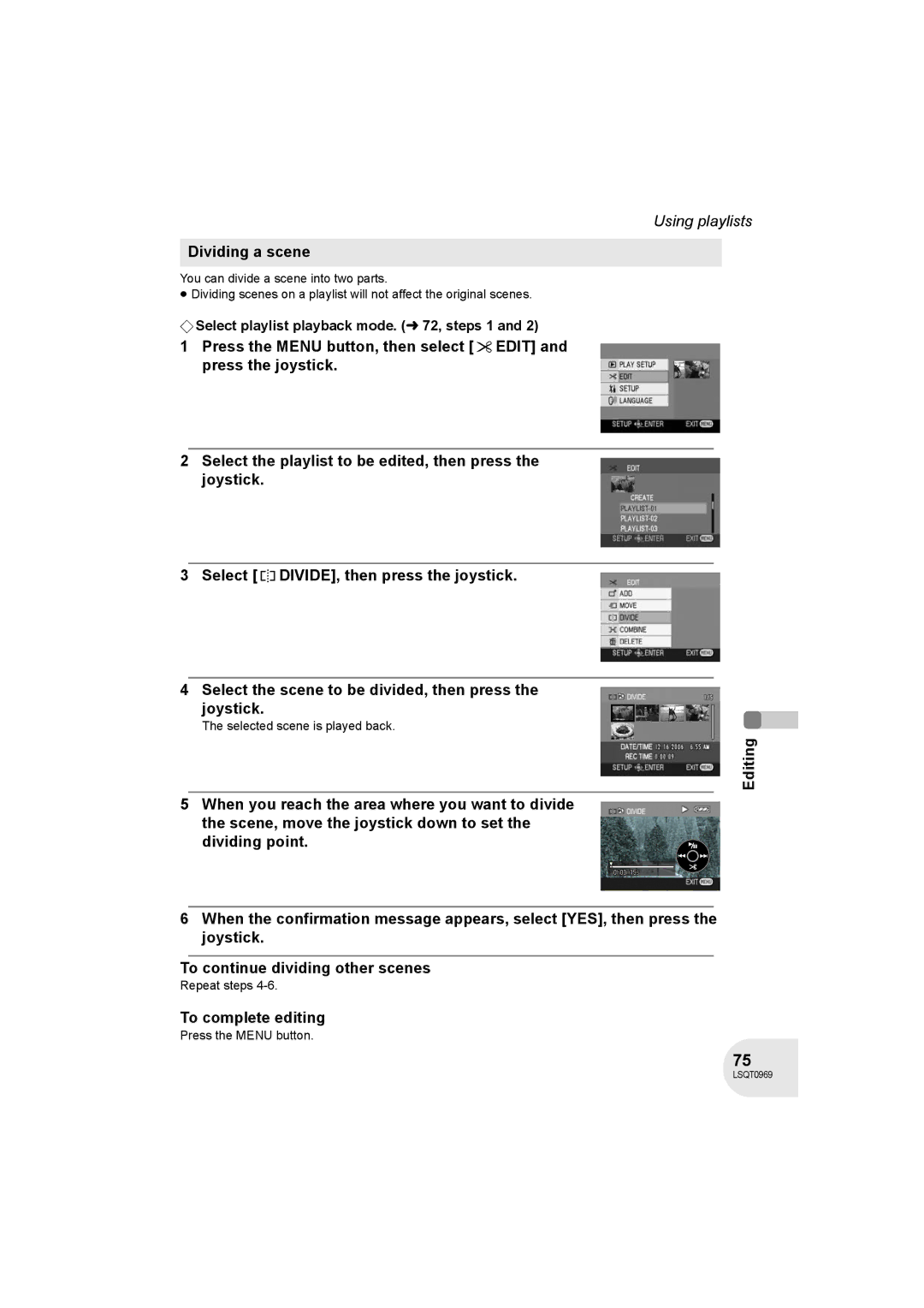 Panasonic VDR-D100 operating instructions Dividing a scene, Selected scene is played back 