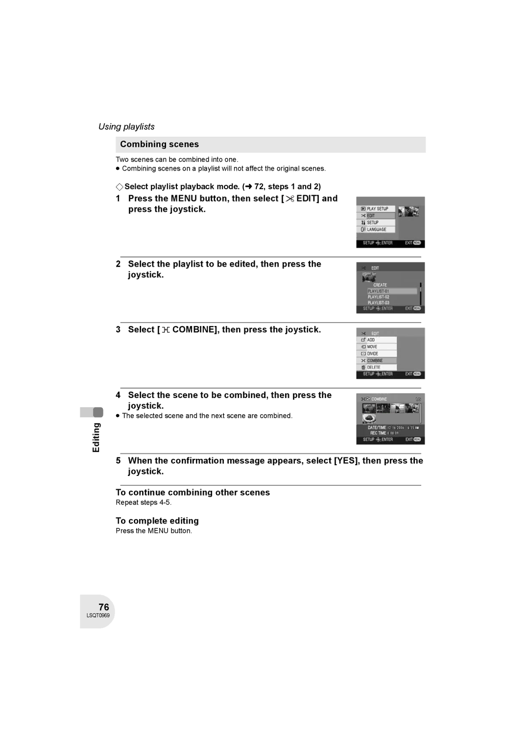 Panasonic VDR-D100 operating instructions Combining scenes, ≥ The selected scene and the next scene are combined 