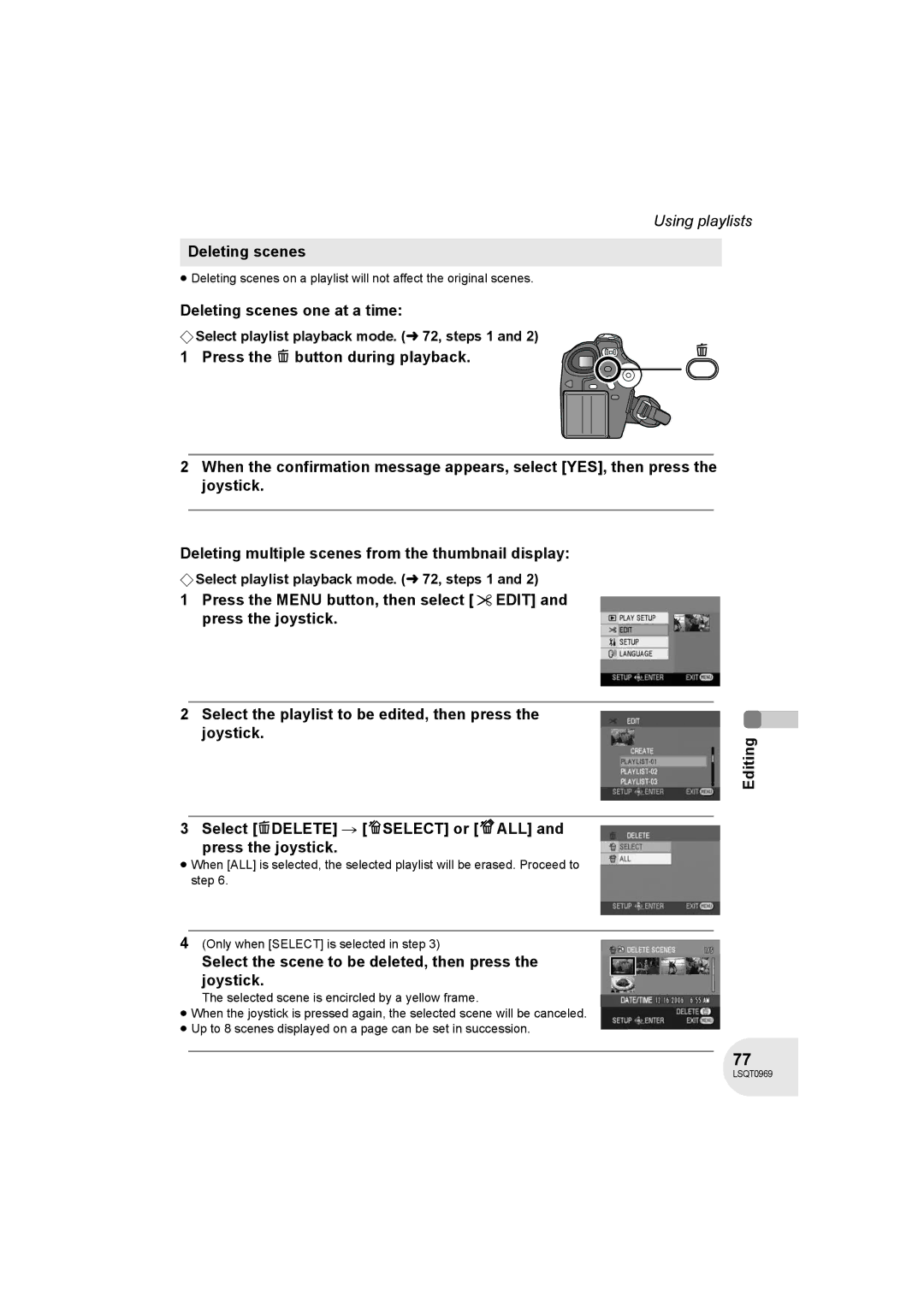 Panasonic VDR-D100 operating instructions Deleting scenes one at a time 