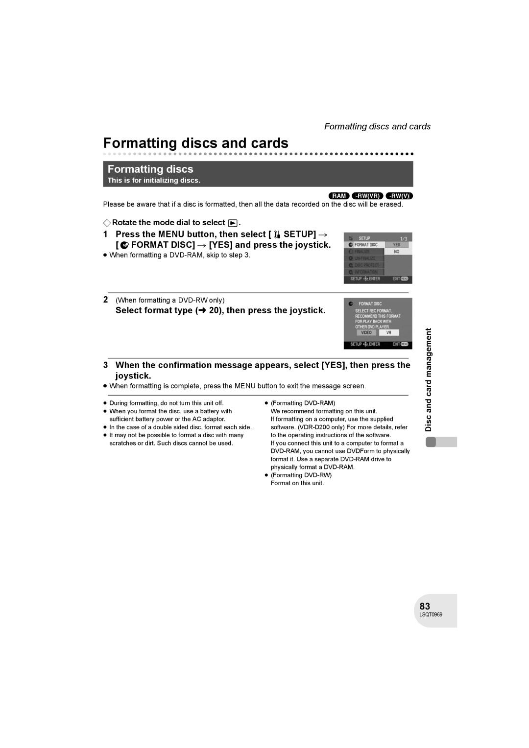 Panasonic VDR-D100 operating instructions Formatting discs and cards 