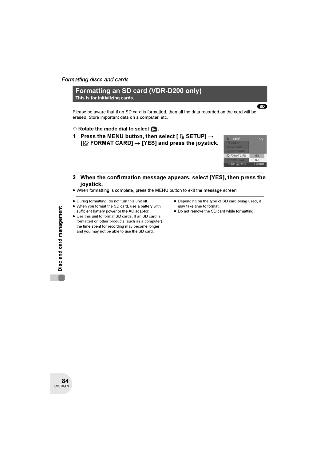 Panasonic VDR-D100 operating instructions Formatting an SD card VDR-D200 only, This is for initializing cards 