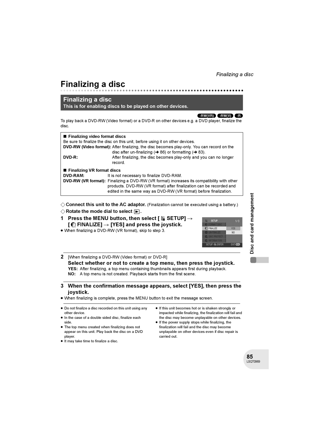 Panasonic VDR-D100 operating instructions Finalizing a disc, Finalizing video format discs, Finalizing VR format discs 