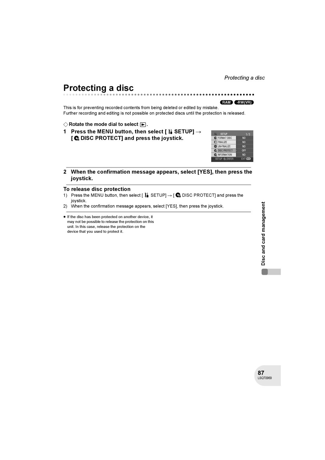 Panasonic VDR-D100 operating instructions Protecting a disc 