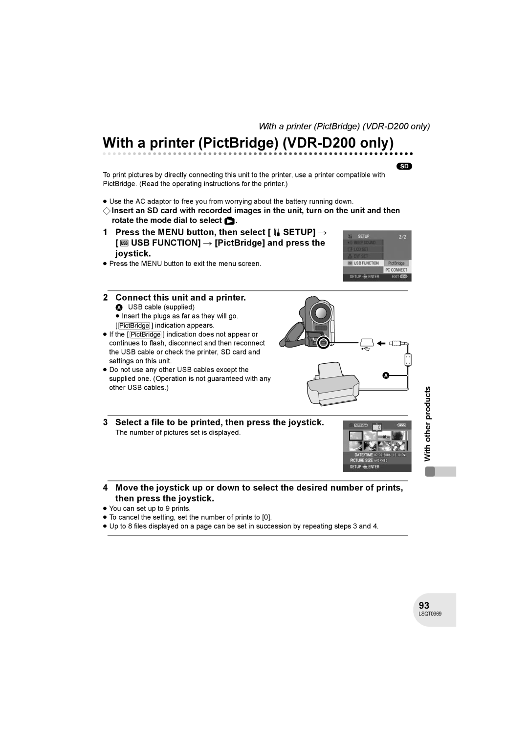 Panasonic VDR-D100 operating instructions With a printer PictBridge VDR-D200 only, Connect this unit and a printer 