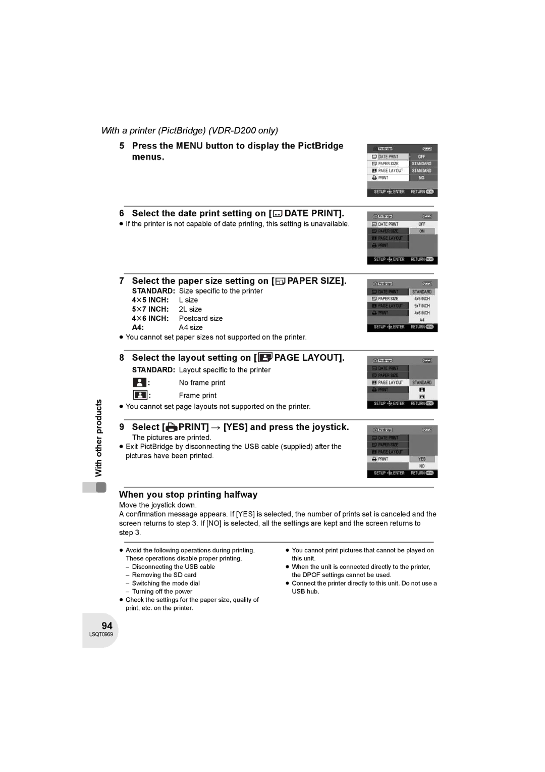 Panasonic VDR-D100 Select the paper size setting on Paper Size, Select the layout setting on page Layout, Standard 