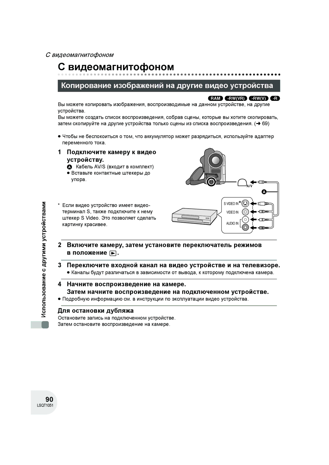 Panasonic VDR-D150EE manual Видеомагнитофоном, Копирование изображений на другие видео устройства, Для остановки дубляжа 