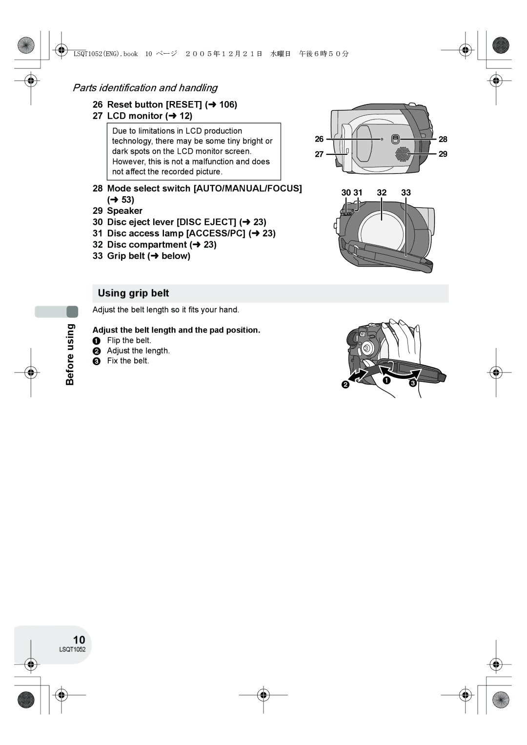 Panasonic VDR-D150GN operating instructions Before using Using grip belt, Adjust the belt length so it fits your hand 