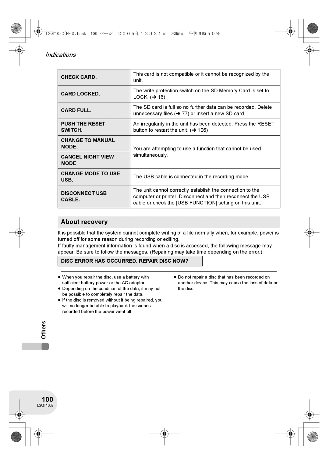 Panasonic VDR-D150GN operating instructions 100, About recovery 