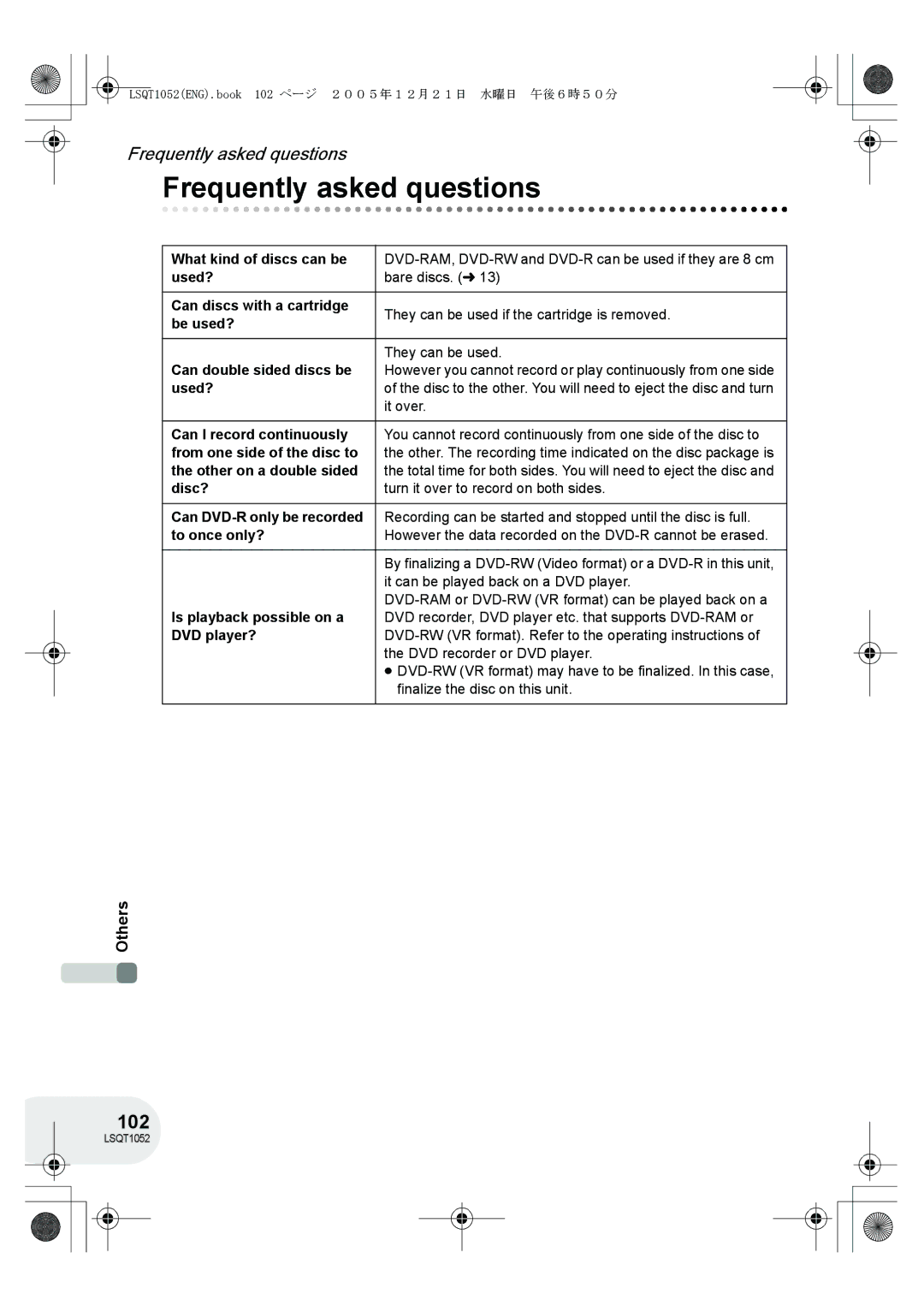 Panasonic VDR-D150GN operating instructions Frequently asked questions, 102 