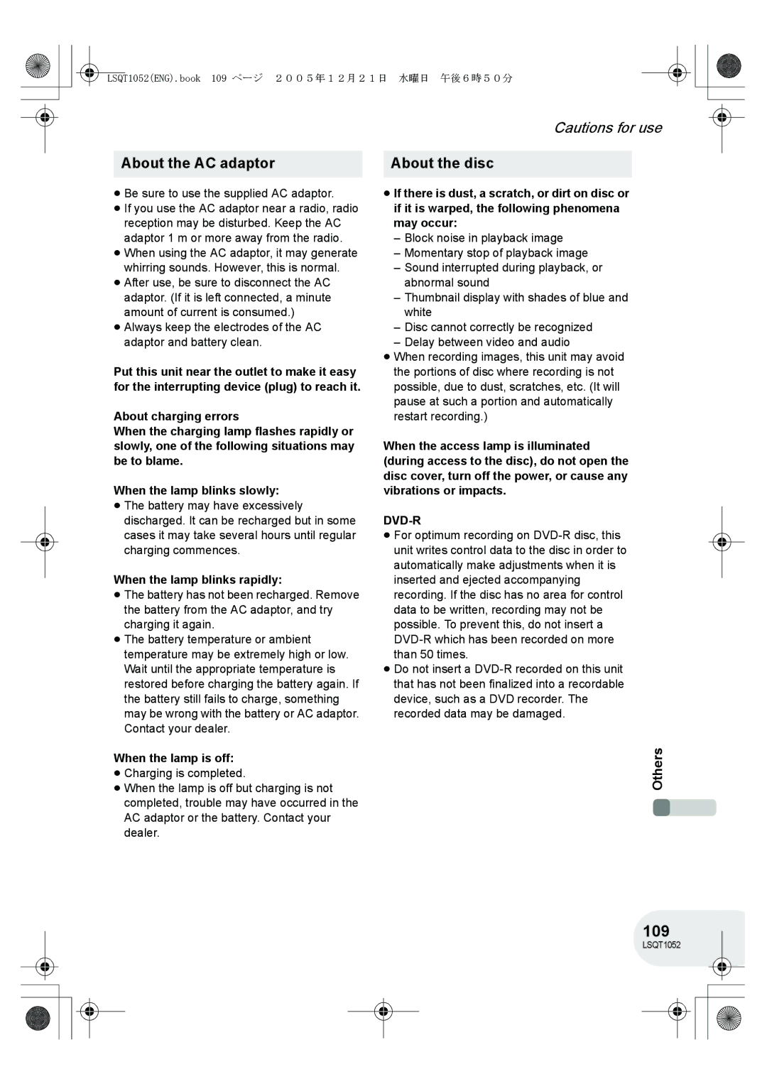 Panasonic VDR-D150GN operating instructions 109, About the AC adaptor, About the disc, Dvd-R 