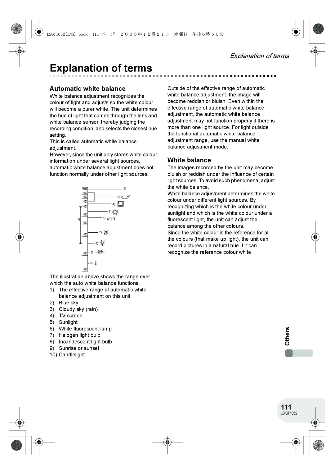 Panasonic VDR-D150GN operating instructions Explanation of terms, 111, Automatic white balance, White balance 