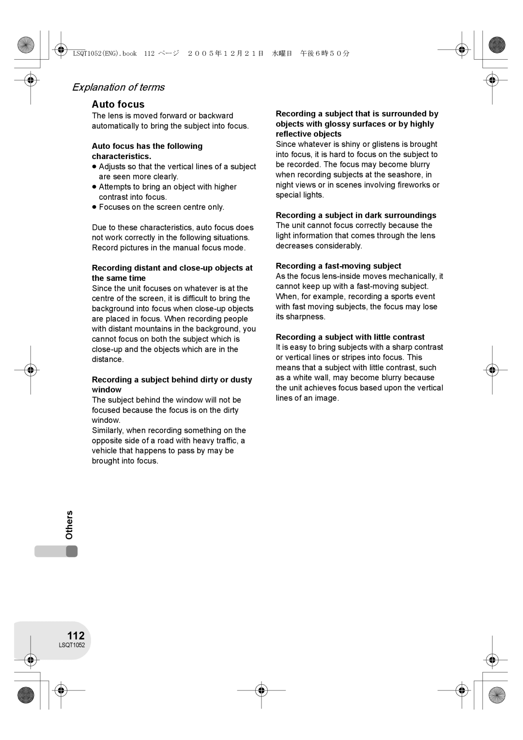 Panasonic VDR-D150GN operating instructions 112, Auto focus 