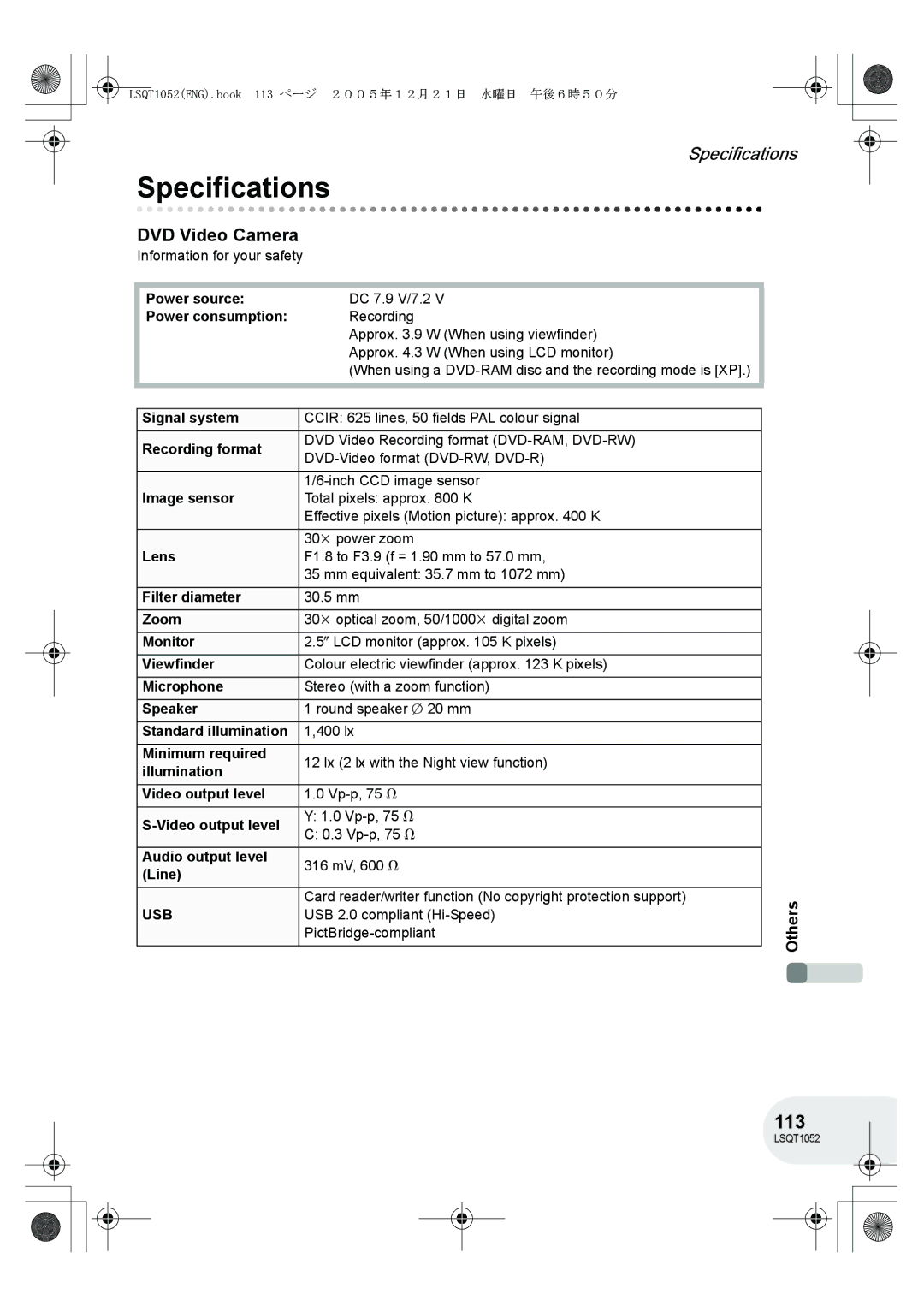 Panasonic VDR-D150GN operating instructions Specifications, 113, DVD Video Camera 