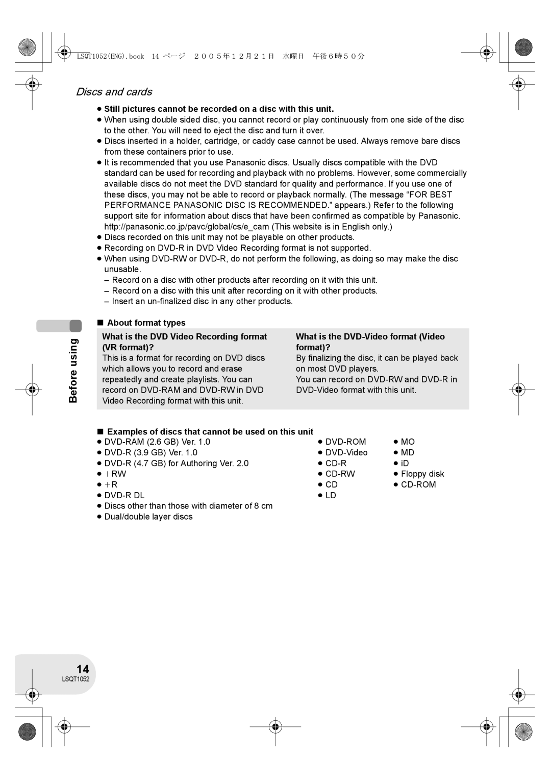 Panasonic VDR-D150GN About format types, Examples of discs that cannot be used on this unit, ≥ DVD-RAM 2.6 GB Ver, ≥ Mo 