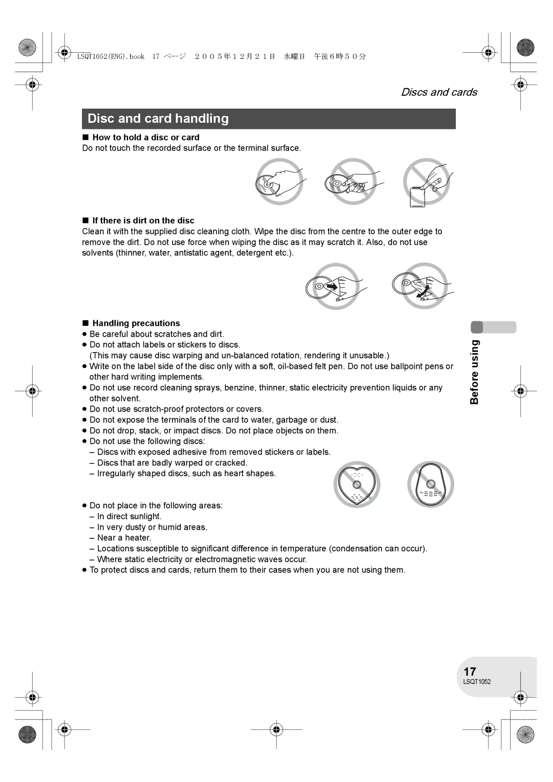 Panasonic VDR-D150GN Disc and card handling, How to hold a disc or card, If there is dirt on the disc 