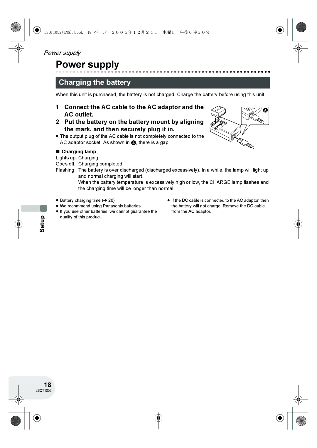 Panasonic VDR-D150GN operating instructions Power supply, Charging the battery, Charging lamp Lights up Charging 