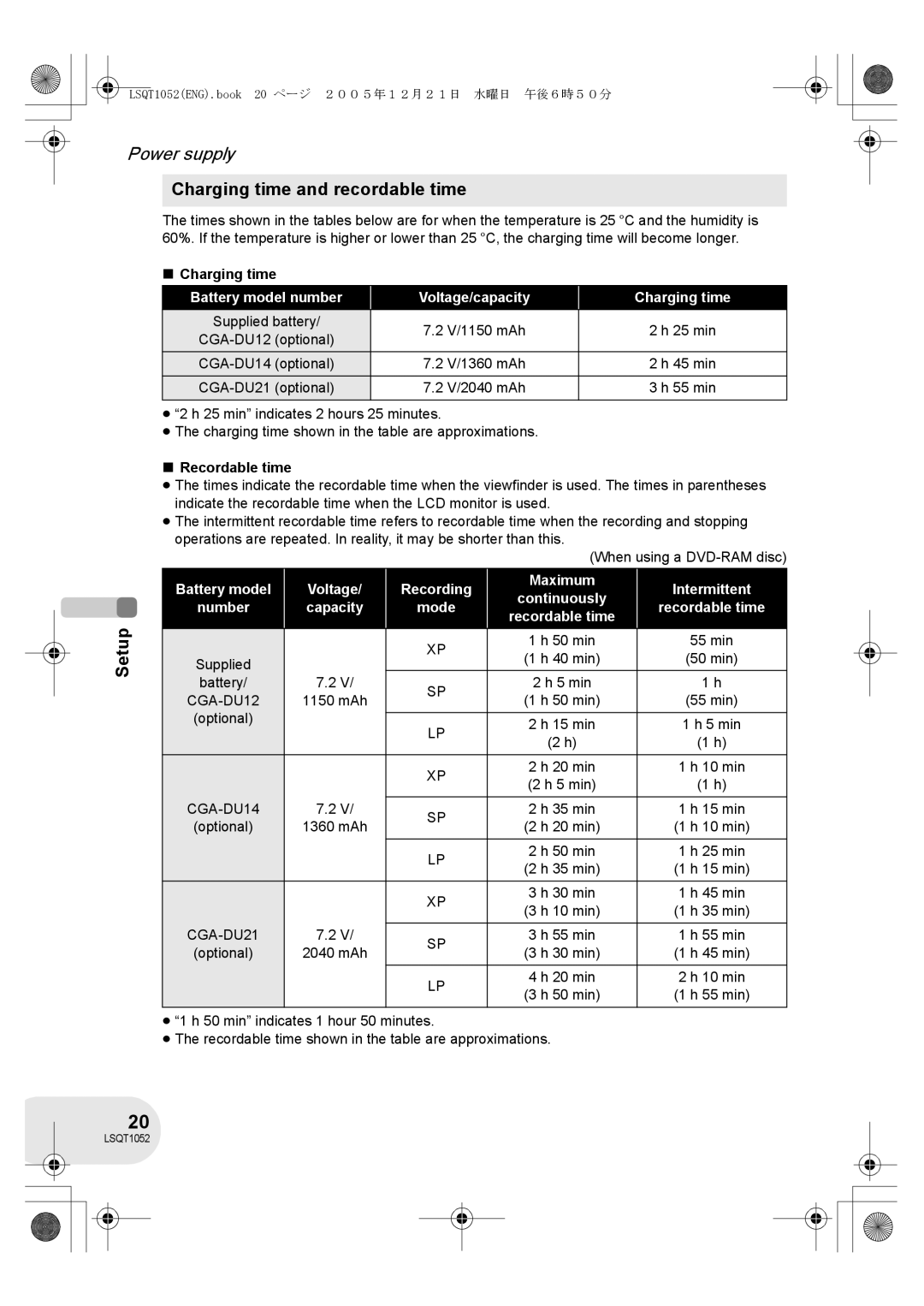 Panasonic VDR-D150GN Charging time and recordable time, Battery model number Voltage/capacity Charging time 