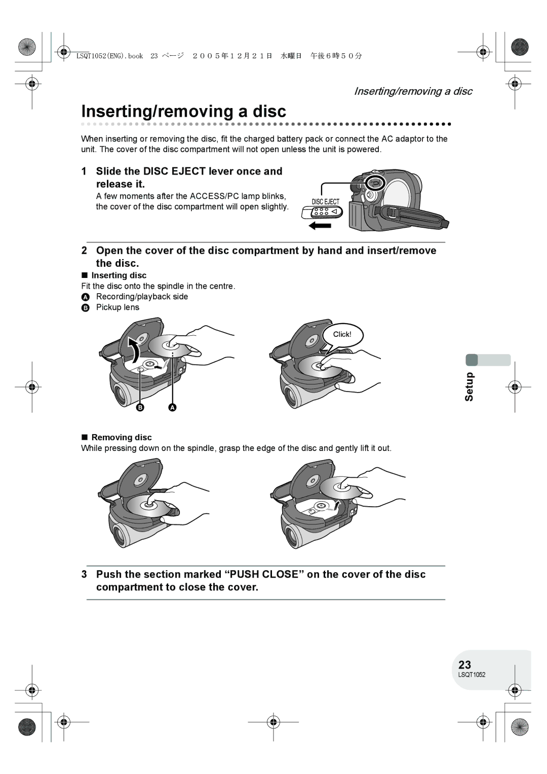 Panasonic VDR-D150GN Inserting/removing a disc, Slide the Disc Eject lever once and release it, Inserting disc 