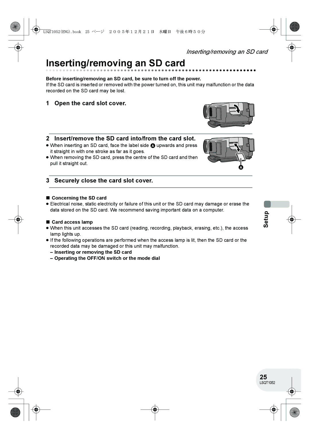 Panasonic VDR-D150GN Inserting/removing an SD card, Securely close the card slot cover, Concerning the SD card 