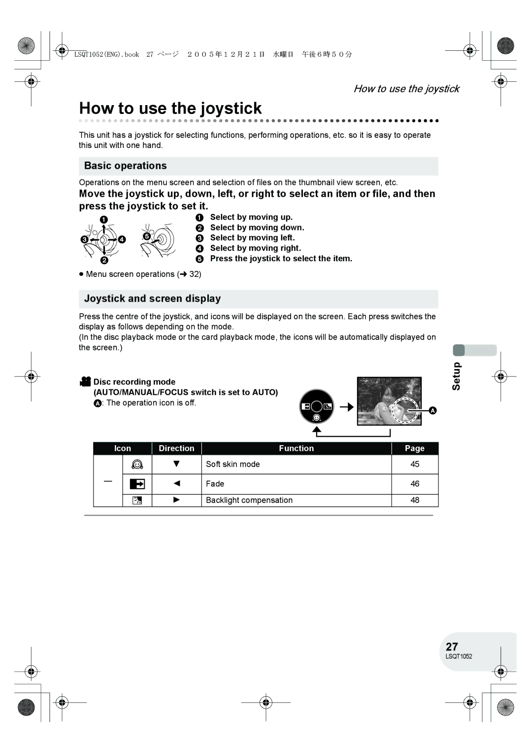 Panasonic VDR-D150GN How to use the joystick, Basic operations, Joystick and screen display, Select by moving up, Icon 