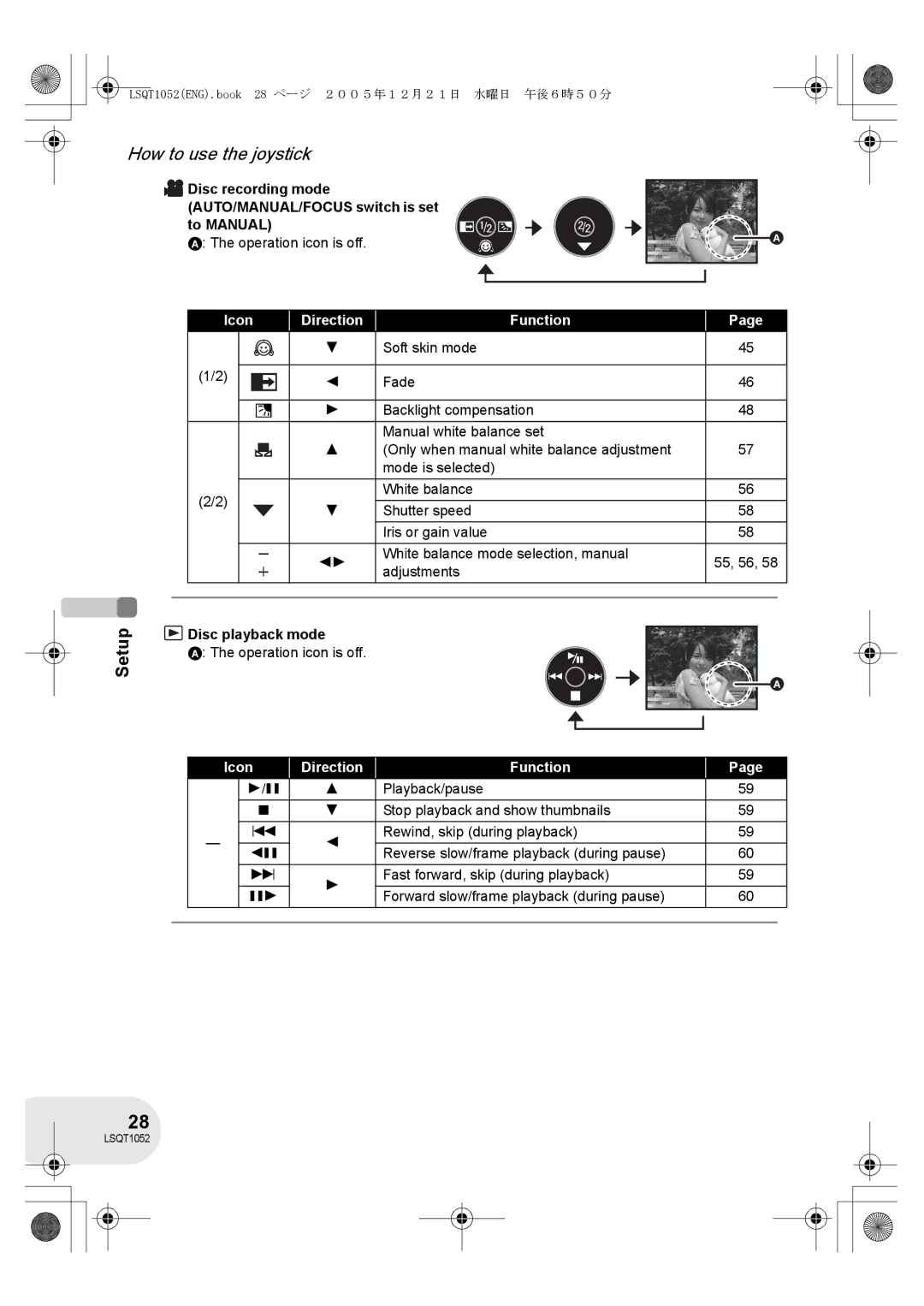 Panasonic VDR-D150GN operating instructions Operation icon is off, Icon Direction Function, Adjustments, Disc playback mode 