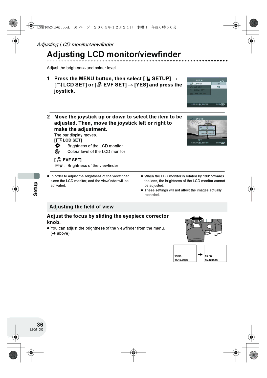 Panasonic VDR-D150GN operating instructions Adjusting LCD monitor/viewfinder, Lcd Set, Evf Evf Set 