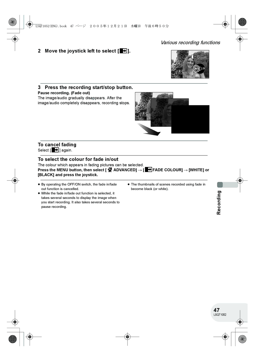 Panasonic VDR-D150GN To cancel fading, To select the colour for fade in/out, Pause recording. Fade out 