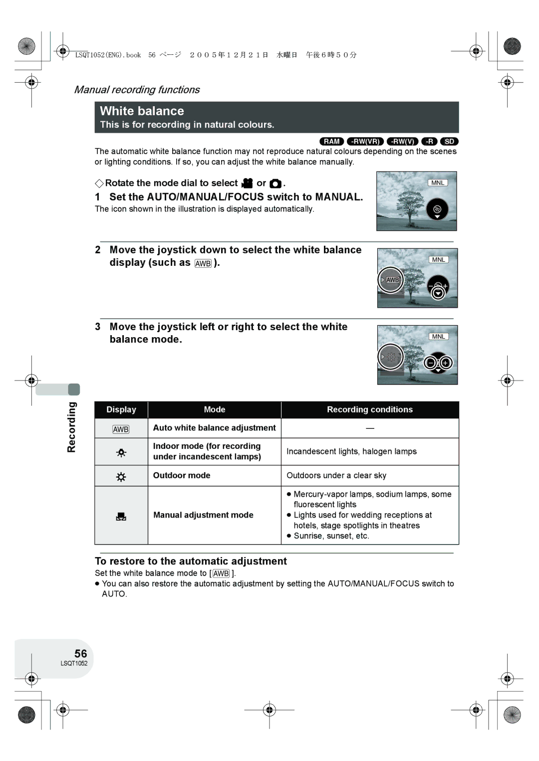 Panasonic VDR-D150GN operating instructions White balance, Set the AUTO/MANUAL/FOCUS switch to Manual 