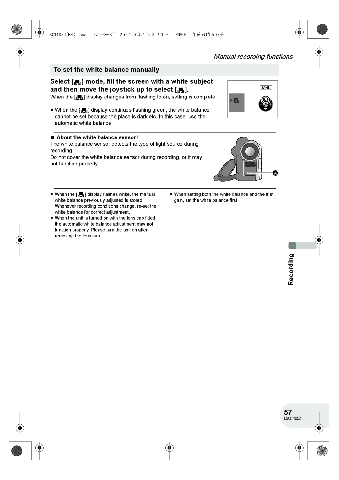 Panasonic VDR-D150GN operating instructions About the white balance sensor a 