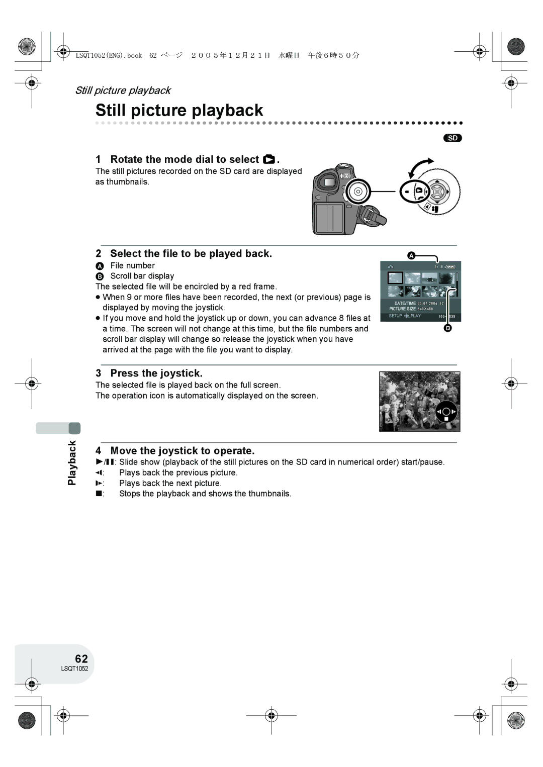 Panasonic VDR-D150GN Still picture playback, Select the file to be played back, Playback Press the joystick 