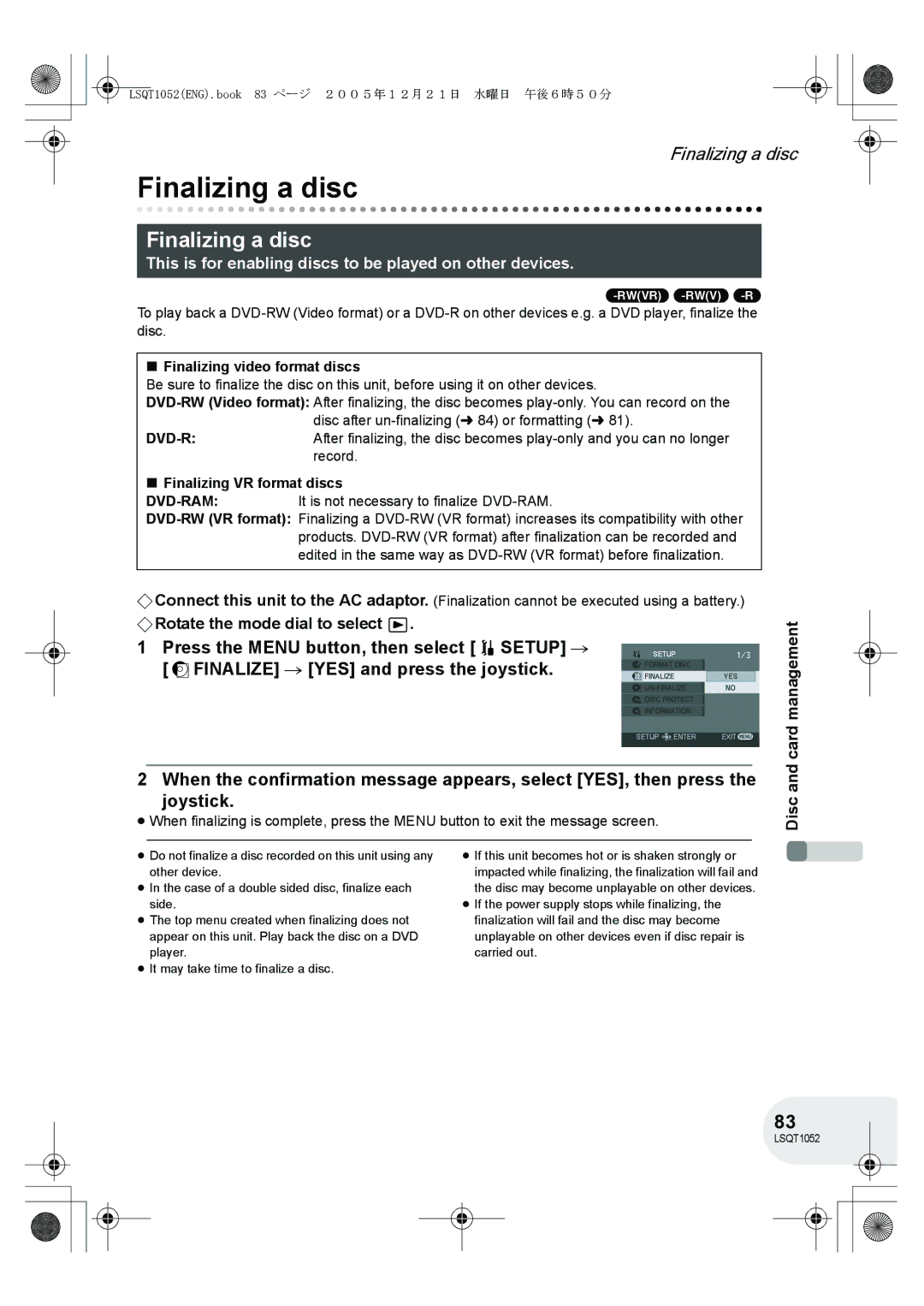 Panasonic VDR-D150GN operating instructions Finalizing a disc, Finalizing video format discs, Finalizing VR format discs 