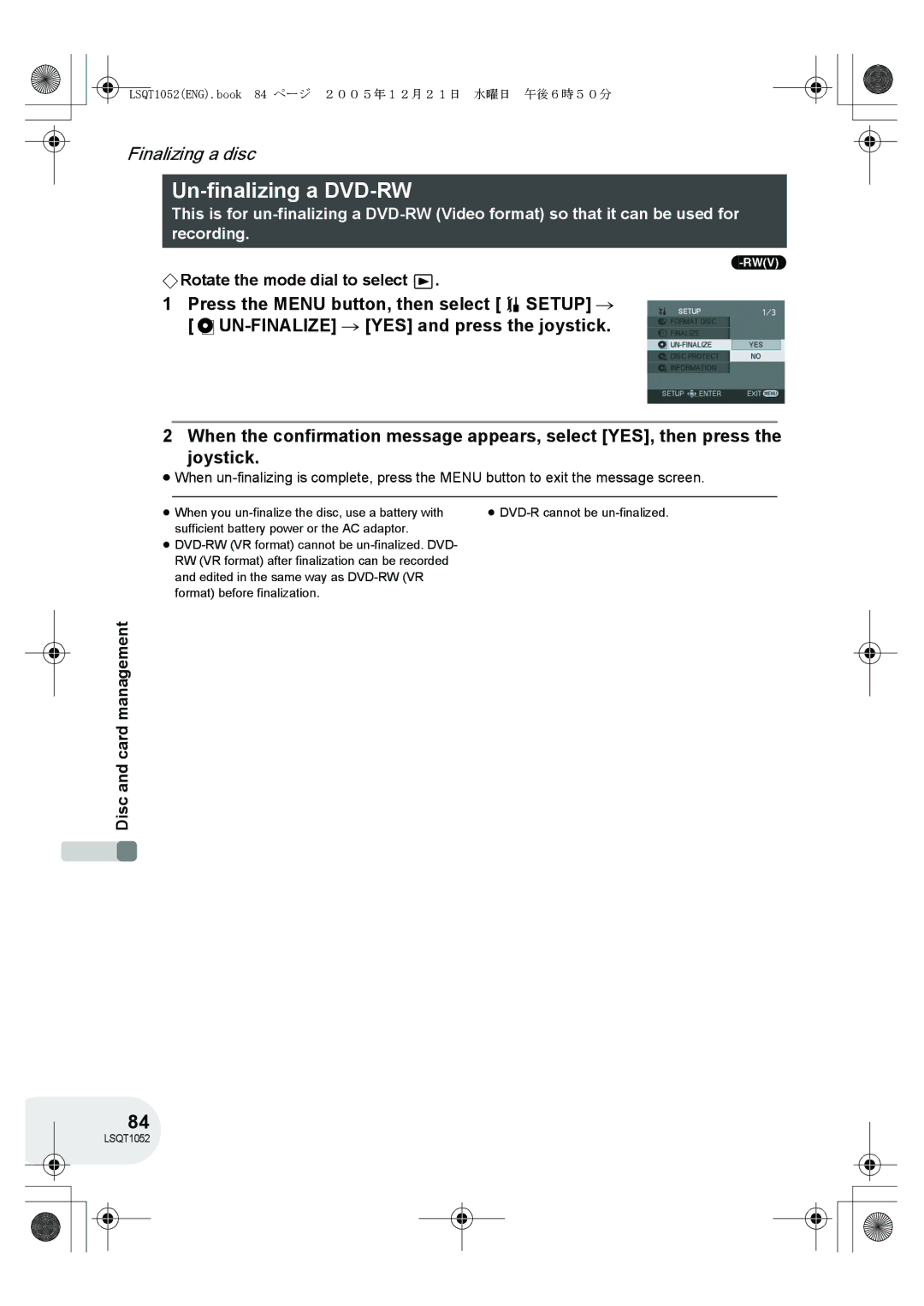 Panasonic VDR-D150GN operating instructions Un-finalizing a DVD-RW, Rw‹V› 