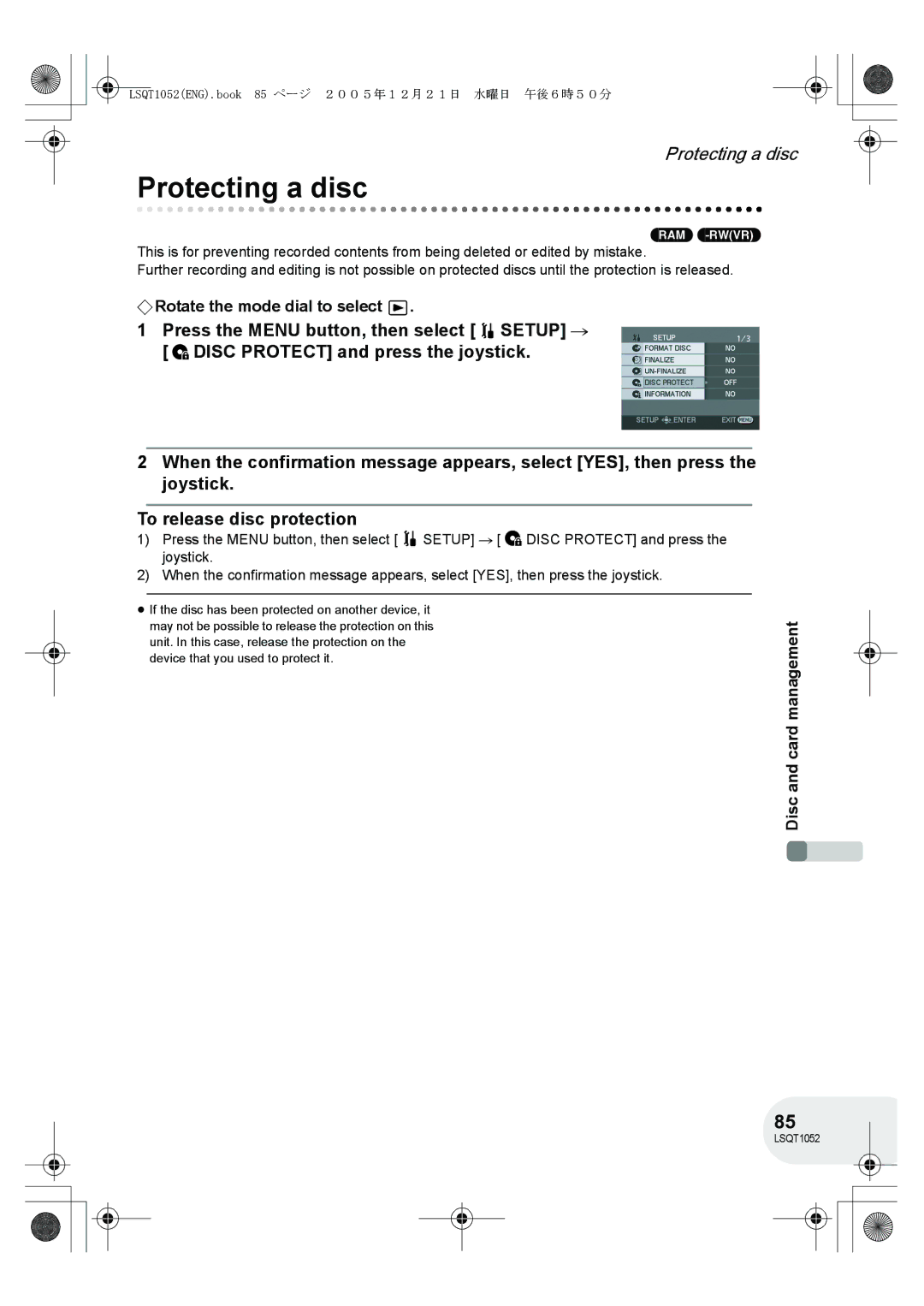 Panasonic VDR-D150GN operating instructions Protecting a disc 