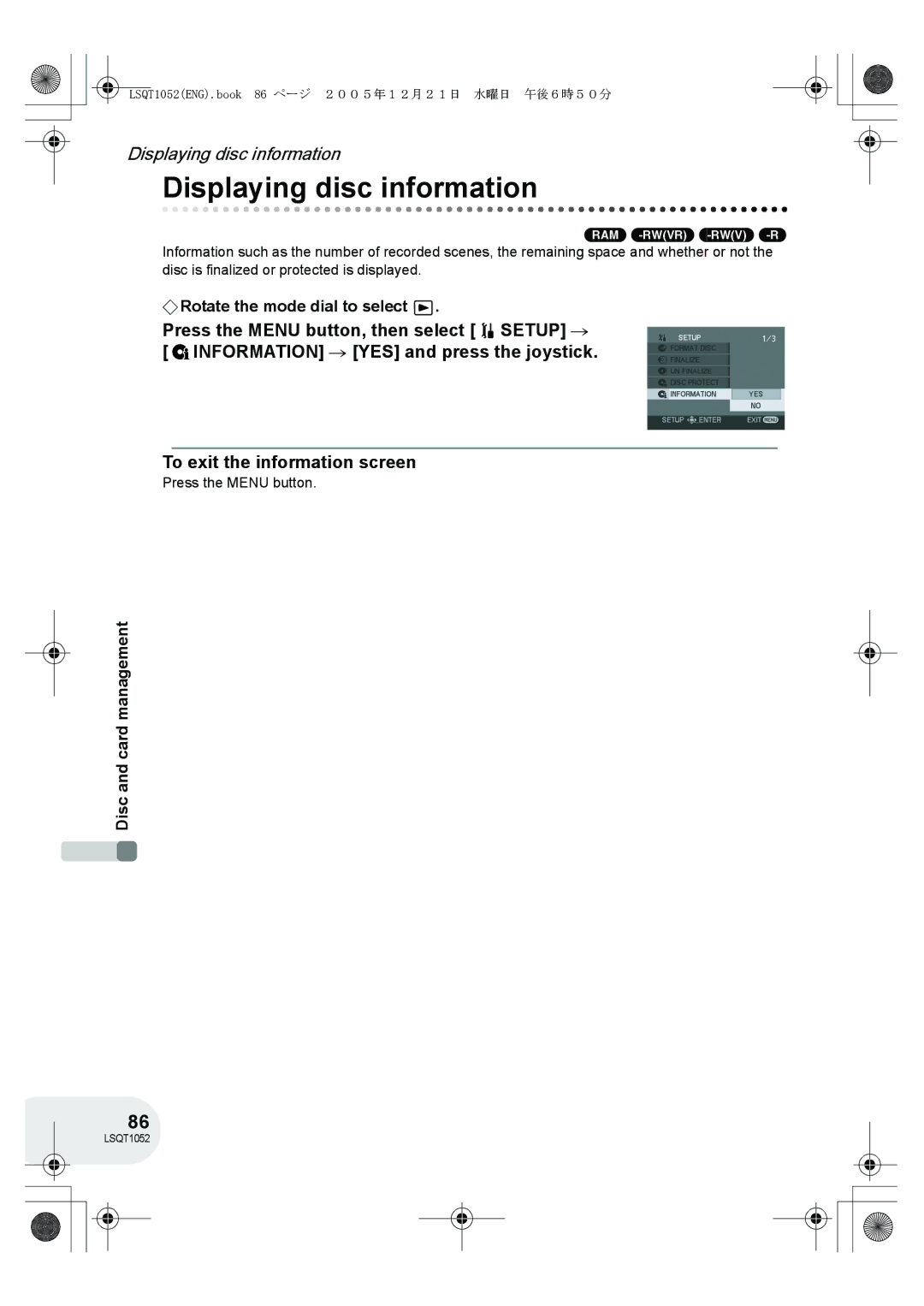 Panasonic VDR-D150GN operating instructions Displaying disc information, Press the Menu button 