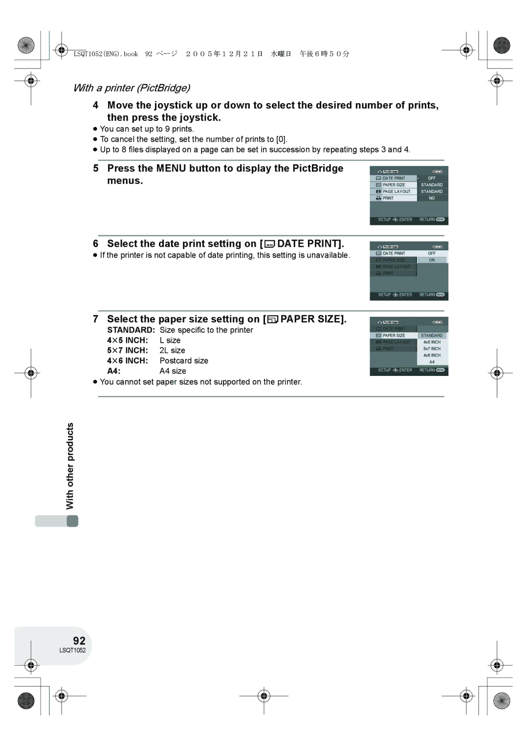 Panasonic VDR-D150GN operating instructions Select the paper size setting on Paper Size, Standard 