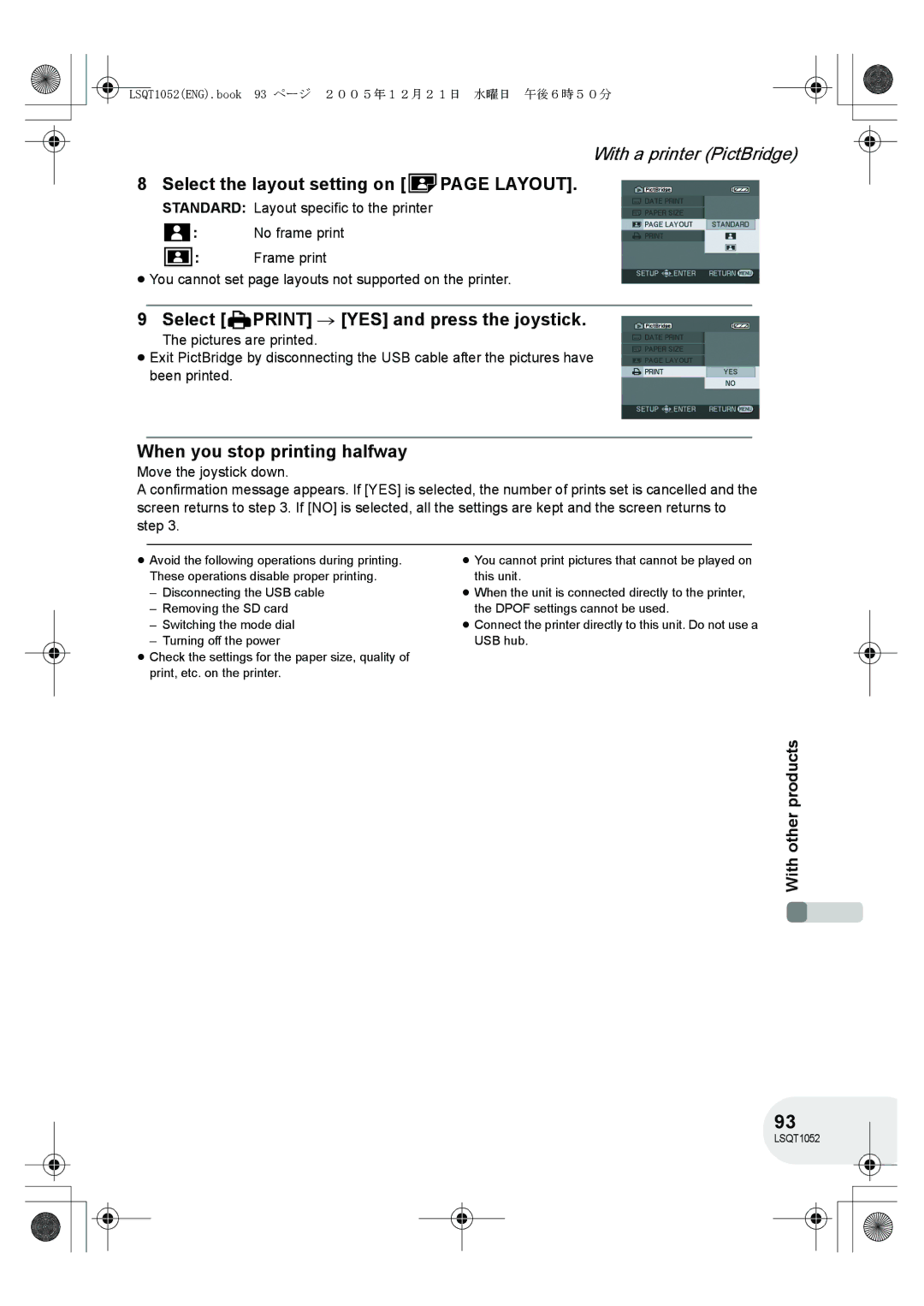 Panasonic VDR-D150GN Select the layout setting on page Layout, Select Print # YES and press the joystick 