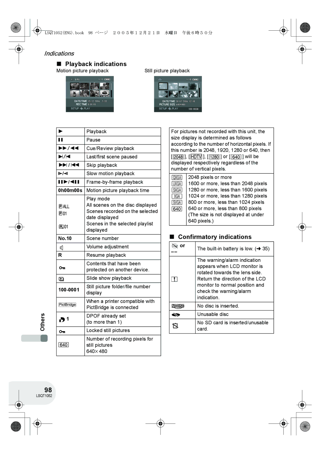 Panasonic VDR-D150GN operating instructions Playback indications, Confirmatory indications, No.10, 100-0001 