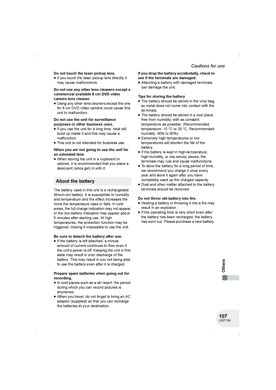 Panasonic VDR-D160GN manual 107, About the battery 