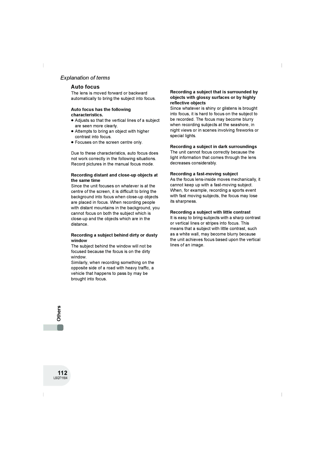 Panasonic VDR-D160GN manual 112, Auto focus 