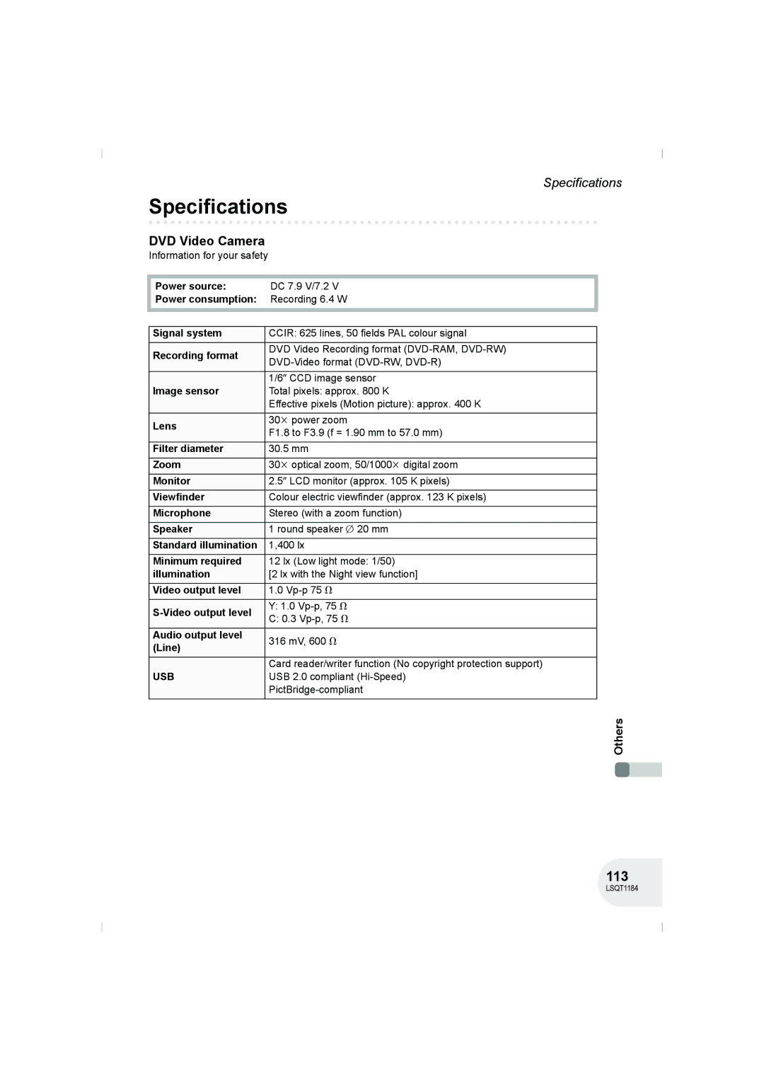 Panasonic VDR-D160GN manual Specifications, 113, DVD Video Camera 