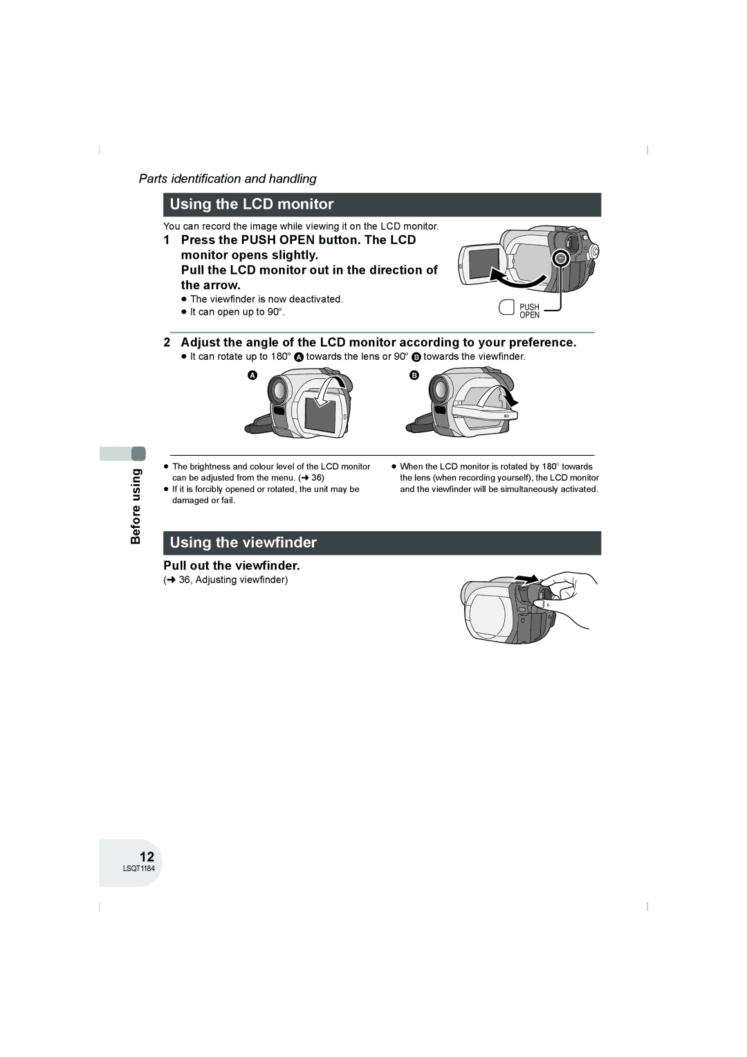 Panasonic VDR-D160GN manual Using the LCD monitor, Using the viewfinder, Pull out the viewfinder, 36, Adjusting viewfinder 