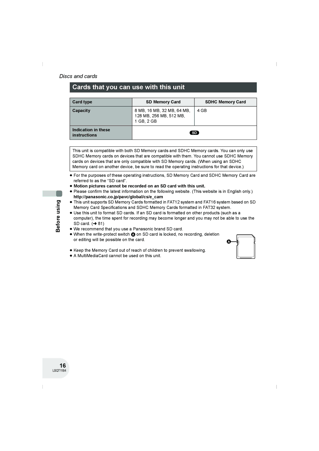 Panasonic VDR-D160GN manual Cards that you can use with this unit 