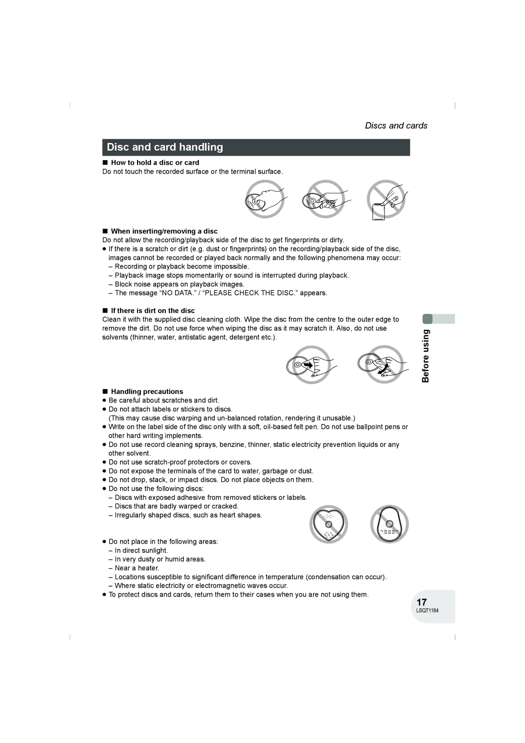 Panasonic VDR-D160GN manual Disc and card handling, How to hold a disc or card, When inserting/removing a disc 