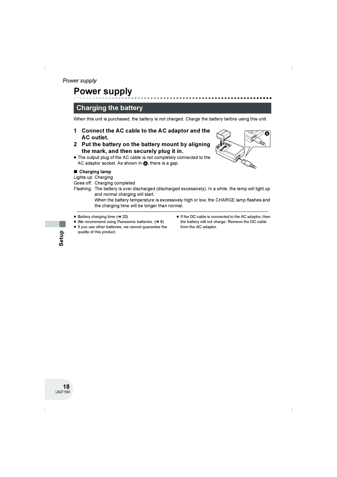 Panasonic VDR-D160GN manual Power supply, Charging the battery, Setup, Charging lamp Lights up Charging 