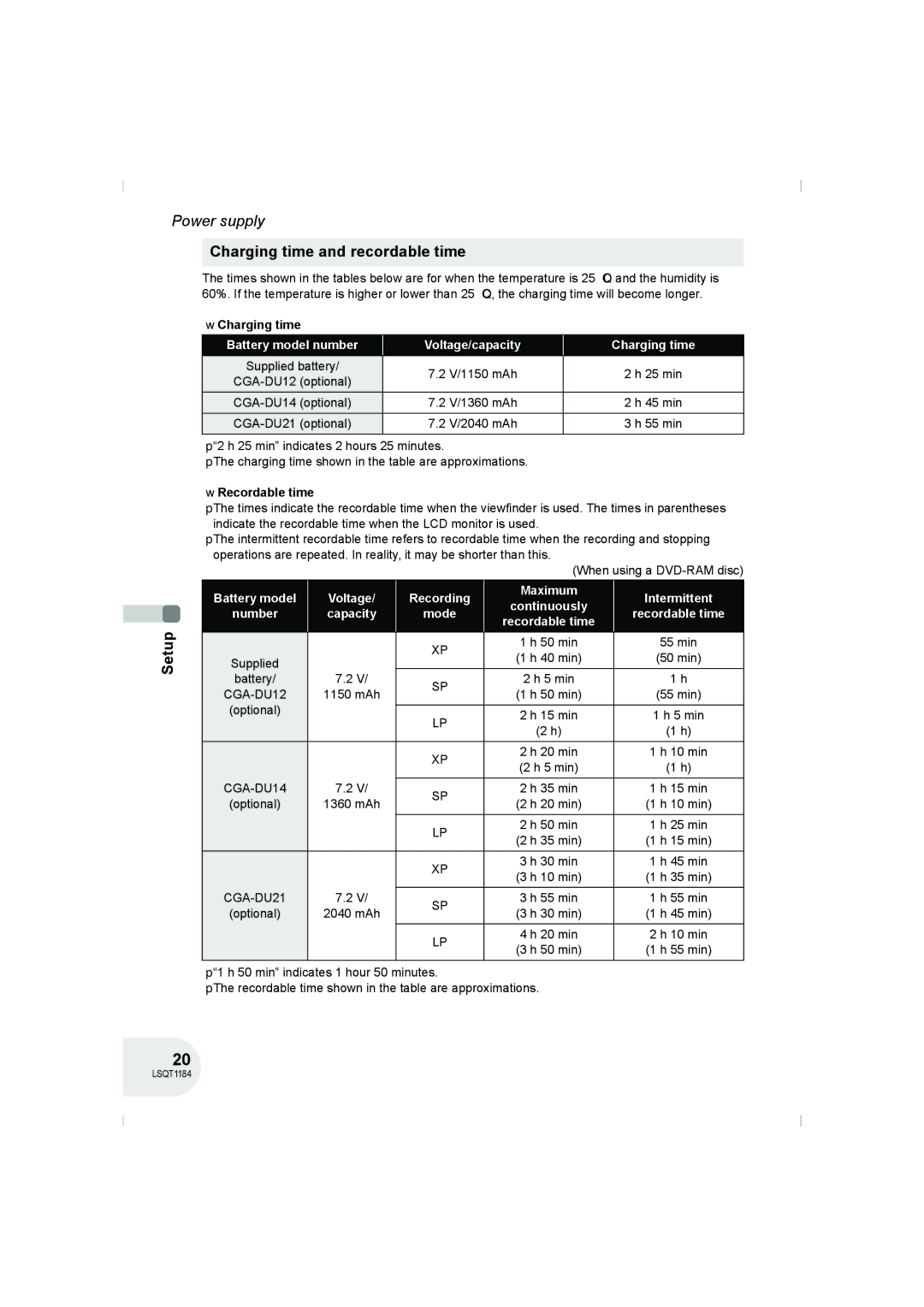 Panasonic VDR-D160GN manual Charging time and recordable time, Battery model number Voltage/capacity Charging time 